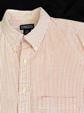 Lands' End Mens Seersucker Shirt M Brick Red Stripes 100% Cotton Short Sleeve
